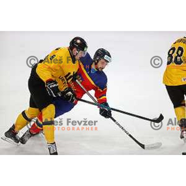 in action during IIHF Ice-hockey World Championship 2022 division I group A match between Lithuania and Romania in Ljubljana, Slovenia on May 7, 2022