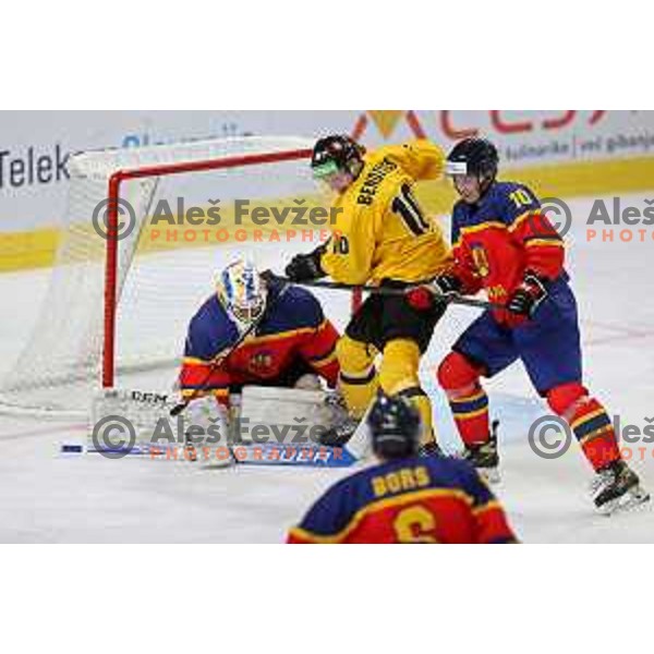 in action during IIHF Ice-hockey World Championship 2022 division I group A match between Lithuania and Romania in Ljubljana, Slovenia on May 7, 2022