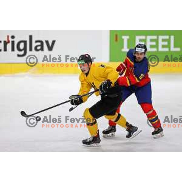 in action during IIHF Ice-hockey World Championship 2022 division I group A match between Lithuania and Romania in Ljubljana, Slovenia on May 7, 2022