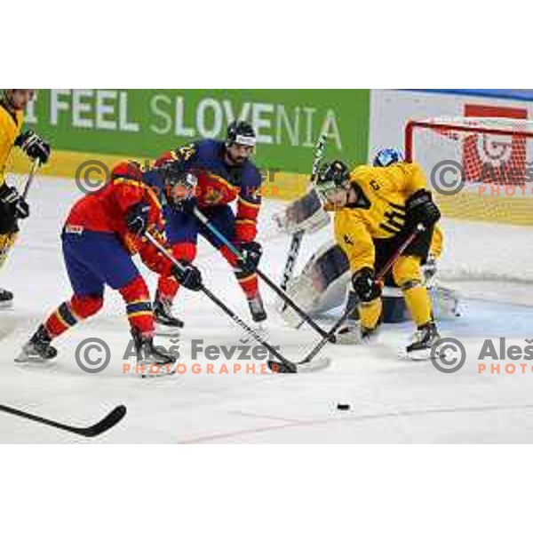 in action during IIHF Ice-hockey World Championship 2022 division I group A match between Lithuania and Romania in Ljubljana, Slovenia on May 7, 2022