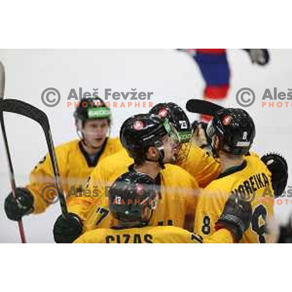 in action during IIHF Ice-hockey World Championship 2022 division I group A match between Lithuania and Romania in Ljubljana, Slovenia on May 7, 2022
