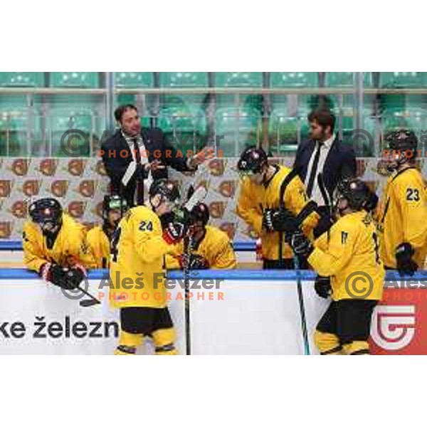 in action during IIHF Ice-hockey World Championship 2022 division I group A match between Lithuania and Romania in Ljubljana, Slovenia on May 7, 2022