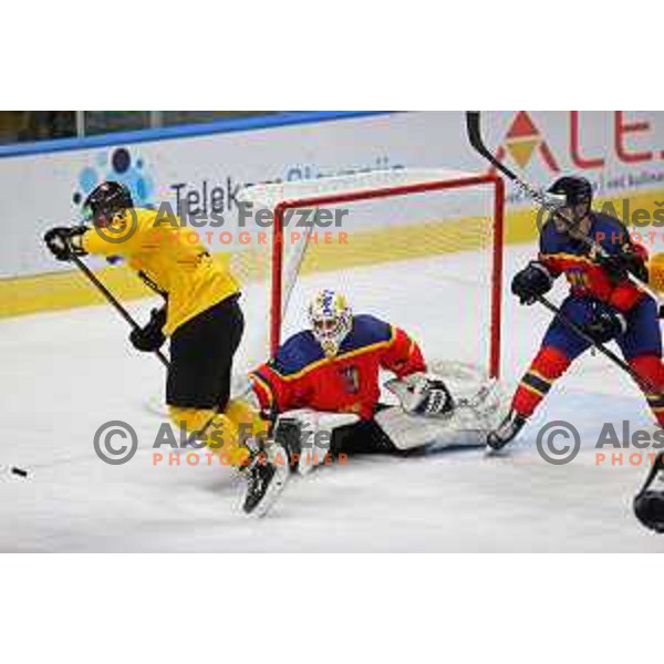 in action during IIHF Ice-hockey World Championship 2022 division I group A match between Lithuania and Romania in Ljubljana, Slovenia on May 7, 2022