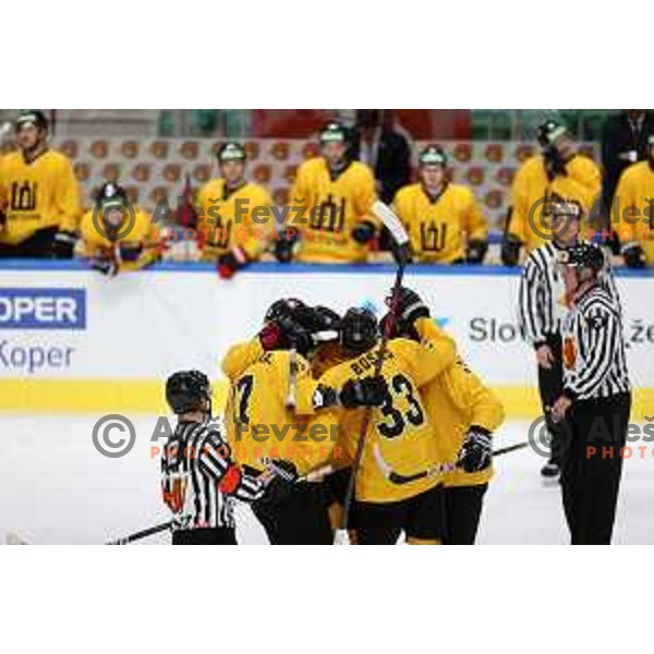 in action during IIHF Ice-hockey World Championship 2022 division I group A match between Lithuania and Romania in Ljubljana, Slovenia on May 7, 2022