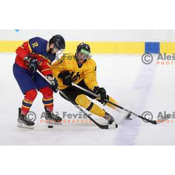 in action during IIHF Ice-hockey World Championship 2022 division I group A match between Lithuania and Romania in Ljubljana, Slovenia on May 7, 2022