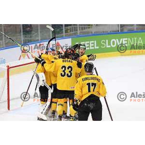 Players of Lithuania celebrate third place at IIHF Ice-hockey World Championship 2022 division I group A after victory in match between Lithuania and Romania in Ljubljana, Slovenia on May 7, 2022