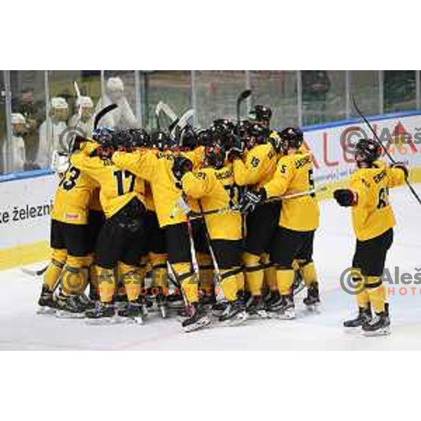 Players of Lithuania celebrate third place at IIHF Ice-hockey World Championship 2022 division I group A after victory in match between Lithuania and Romania in Ljubljana, Slovenia on May 7, 2022
