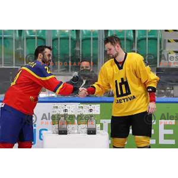 Players of Lithuania celebrate third place at IIHF Ice-hockey World Championship 2022 division I group A after victory in match between Lithuania and Romania in Ljubljana, Slovenia on May 7, 2022