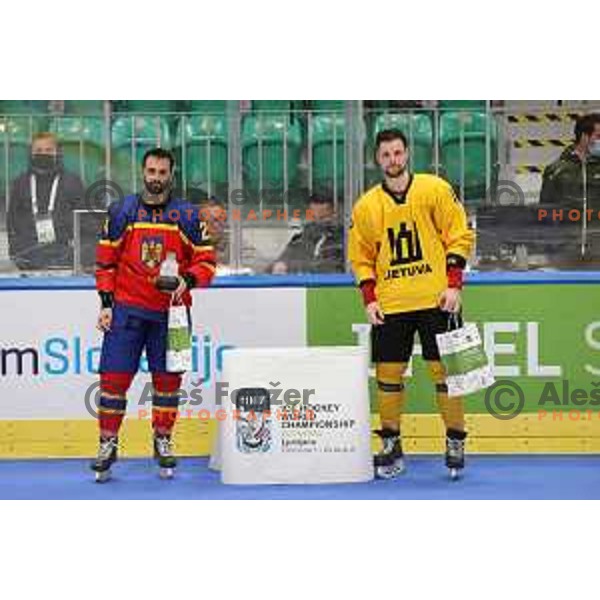 Players of Lithuania celebrate third place at IIHF Ice-hockey World Championship 2022 division I group A after victory in match between Lithuania and Romania in Ljubljana, Slovenia on May 7, 2022