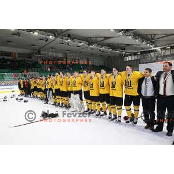 Players of Lithuania celebrate third place at IIHF Ice-hockey World Championship 2022 division I group A after victory in match between Lithuania and Romania in Ljubljana, Slovenia on May 7, 2022