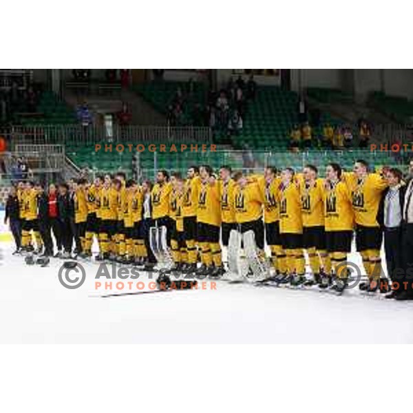 Players of Lithuania celebrate third place at IIHF Ice-hockey World Championship 2022 division I group A after victory in match between Lithuania and Romania in Ljubljana, Slovenia on May 7, 2022
