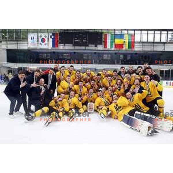 Players of Lithuania celebrate third place at IIHF Ice-hockey World Championship 2022 division I group A after victory in match between Lithuania and Romania in Ljubljana, Slovenia on May 7, 2022
