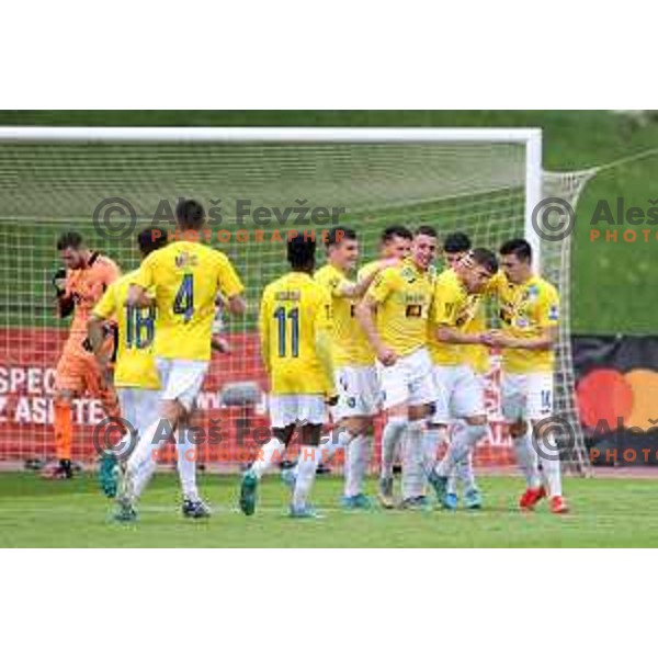 Zan Trontelj and players of Bravo celebrate goal during Prva Liga Telemach football match between Bravo and Maribor in Ljubljana, Slovenia on May 7, 2022 