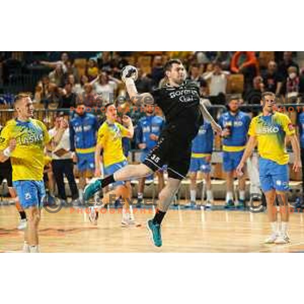 Branko Predovic in action during 1.NLB league handball match between Celje Pivovarna Lasko and Gorenje Velenje in Arena Zlatorog, Celje, Slovenia on May 7, 2022