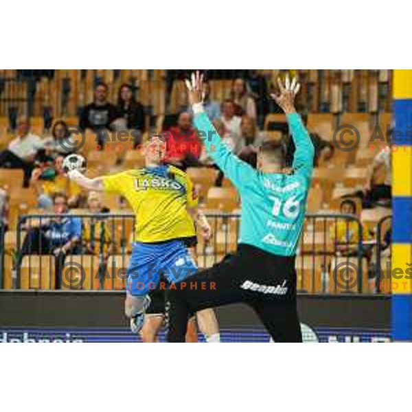 Tilen Kodrin in action during 1.NLB league handball match between Celje Pivovarna Lasko and Gorenje Velenje in Arena Zlatorog, Celje, Slovenia on May 7, 2022