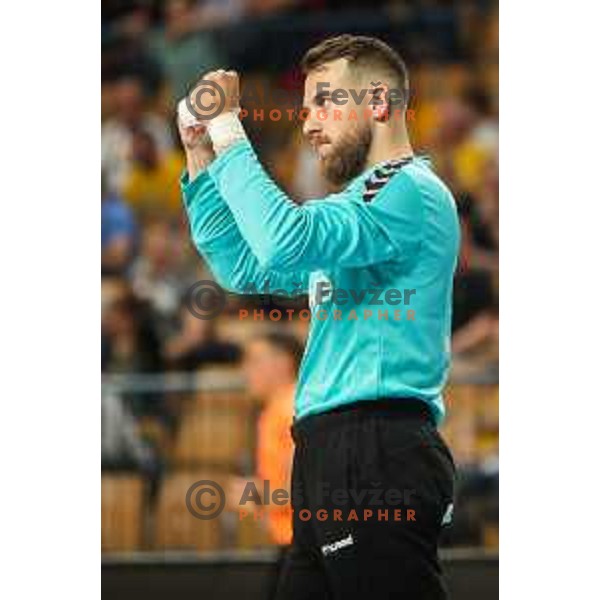 Aljaz Pajntar in action during 1.NLB league handball match between Celje Pivovarna Lasko and Gorenje Velenje in Arena Zlatorog, Celje, Slovenia on May 7, 2022