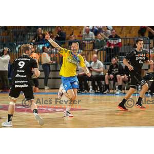 Tilen Kodrin in action during 1.NLB league handball match between Celje Pivovarna Lasko and Gorenje Velenje in Arena Zlatorog, Celje, Slovenia on May 7, 2022