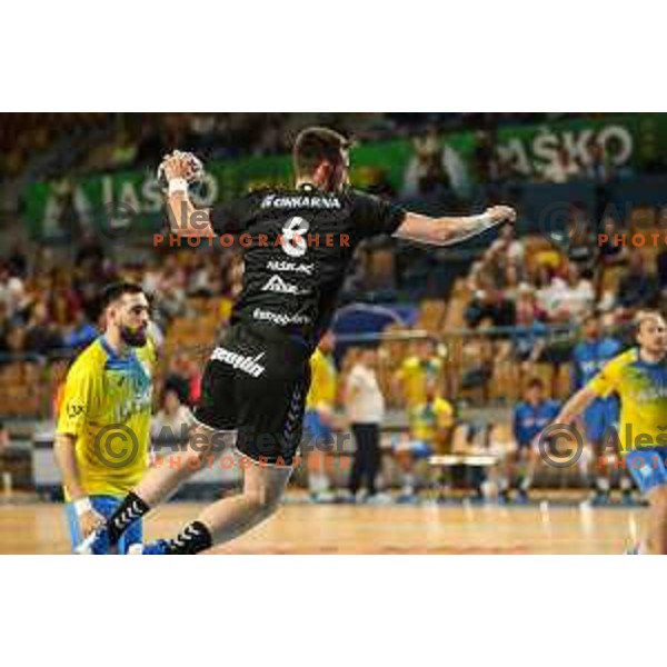 Ibrahim Haseljic in action during 1.NLB league handball match between Celje Pivovarna Lasko and Gorenje Velenje in Arena Zlatorog, Celje, Slovenia on May 7, 2022