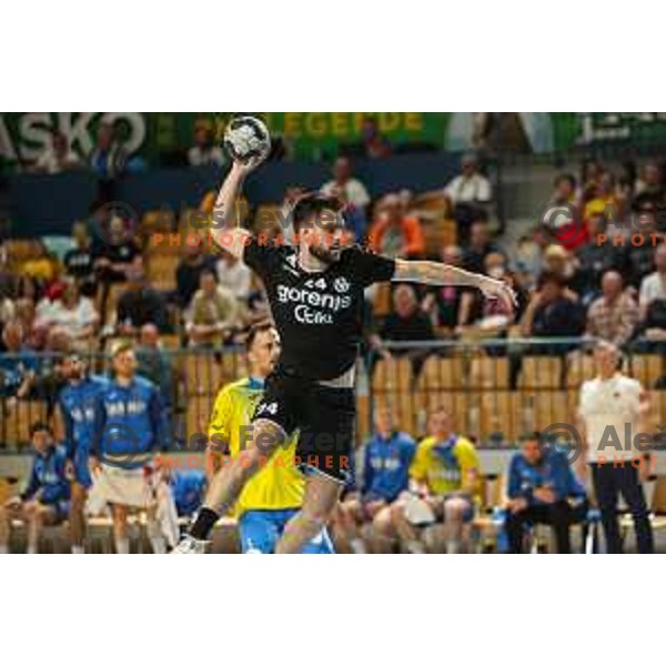 Tilen Sokolic in action during 1.NLB league handball match between Celje Pivovarna Lasko and Gorenje Velenje in Arena Zlatorog, Celje, Slovenia on May 7, 2022