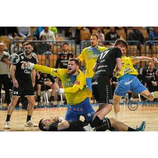 Matic Suholeznik in action during 1.NLB league handball match between Celje Pivovarna Lasko and Gorenje Velenje in Arena Zlatorog, Celje, Slovenia on May 7, 2022