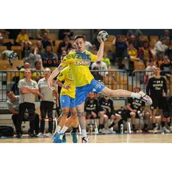 Tim Cokan in action during 1.NLB league handball match between Celje Pivovarna Lasko and Gorenje Velenje in Arena Zlatorog, Celje, Slovenia on May 7, 2022