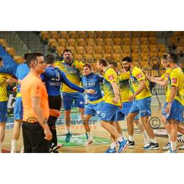 in action during 1.NLB league handball match between Celje Pivovarna Lasko and Gorenje Velenje in Arena Zlatorog, Celje, Slovenia on May 7, 2022