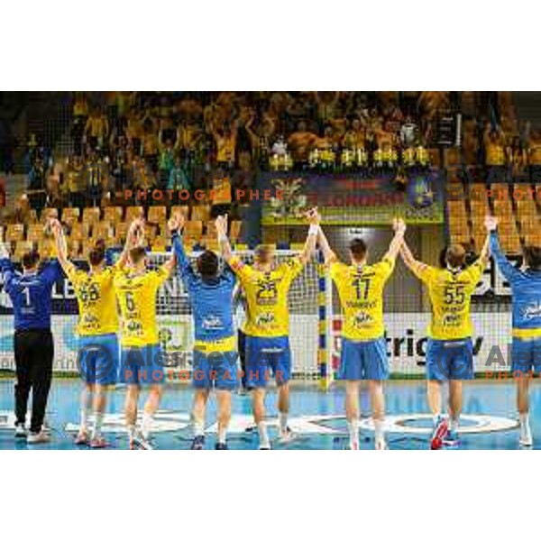 in action during 1.NLB league handball match between Celje Pivovarna Lasko and Gorenje Velenje in Arena Zlatorog, Celje, Slovenia on May 7, 2022
