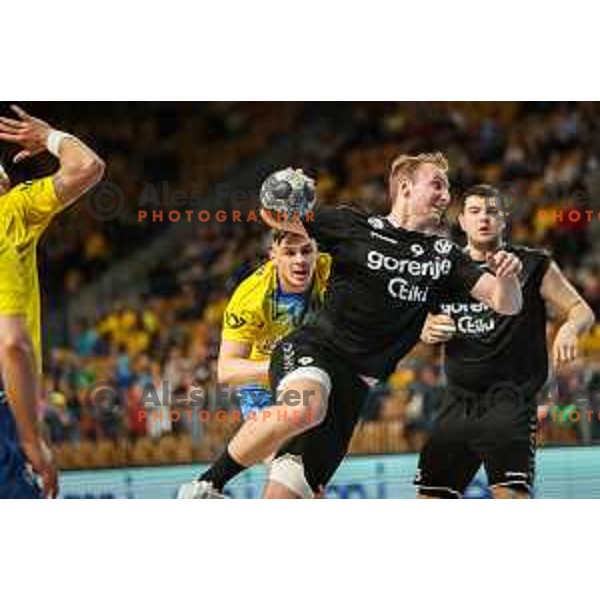 Domen Tajnik in action during 1.NLB league handball match between Celje Pivovarna Lasko and Gorenje Velenje in Arena Zlatorog, Celje, Slovenia on May 7, 2022
