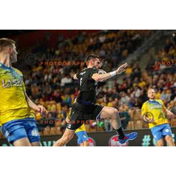 Ibrahim Haseljic in action during 1.NLB league handball match between Celje Pivovarna Lasko and Gorenje Velenje in Arena Zlatorog, Celje, Slovenia on May 7, 2022