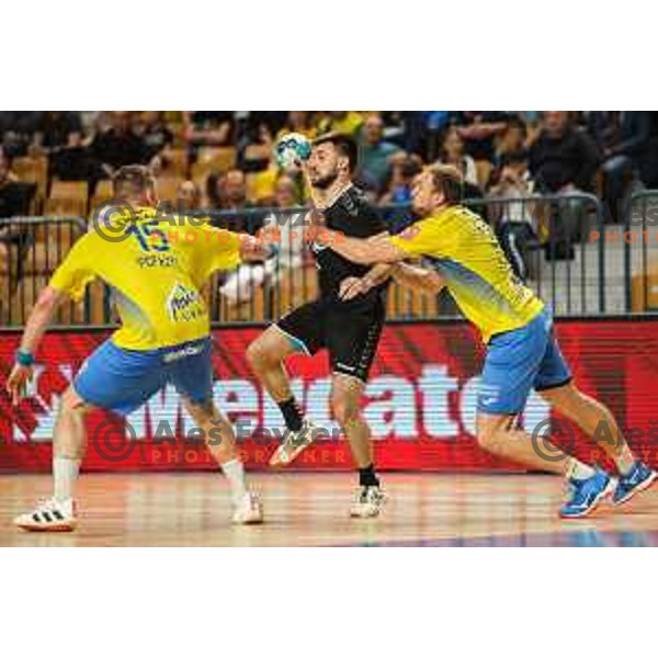 Tilen Sokolic in action during 1.NLB league handball match between Celje Pivovarna Lasko and Gorenje Velenje in Arena Zlatorog, Celje, Slovenia on May 7, 2022