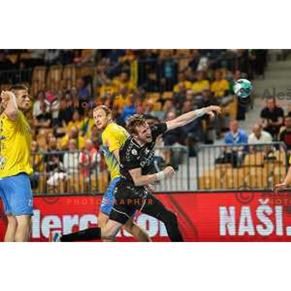 David Miklavcic in action during 1.NLB league handball match between Celje Pivovarna Lasko and Gorenje Velenje in Arena Zlatorog, Celje, Slovenia on May 7, 2022