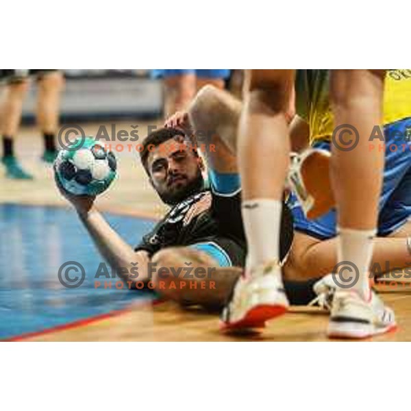 Tilen Sokolic in action during 1.NLB league handball match between Celje Pivovarna Lasko and Gorenje Velenje in Arena Zlatorog, Celje, Slovenia on May 7, 2022
