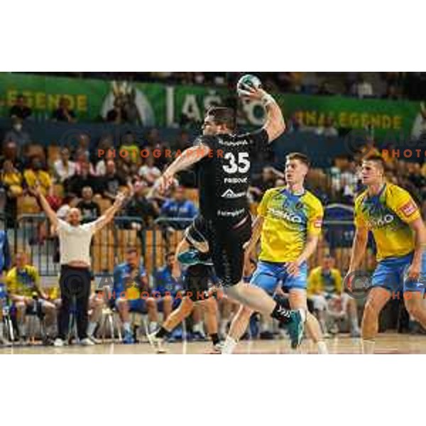 Branko Predovic in action during 1.NLB league handball match between Celje Pivovarna Lasko and Gorenje Velenje in Arena Zlatorog, Celje, Slovenia on May 7, 2022