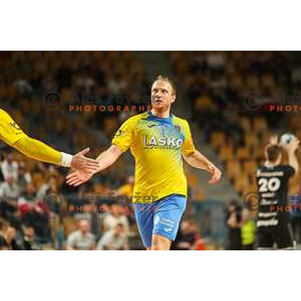 Ziga Mlakar in action during 1.NLB league handball match between Celje Pivovarna Lasko and Gorenje Velenje in Arena Zlatorog, Celje, Slovenia on May 7, 2022
