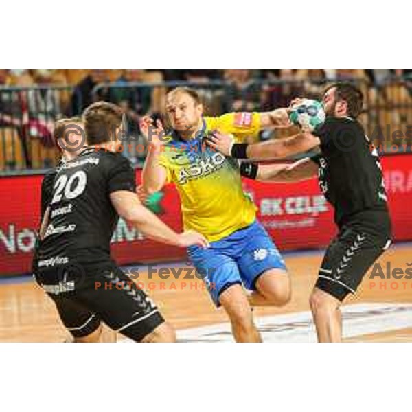 Ziga Mlakar in action during 1.NLB league handball match between Celje Pivovarna Lasko and Gorenje Velenje in Arena Zlatorog, Celje, Slovenia on May 7, 2022