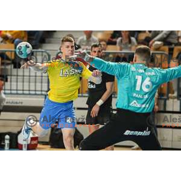 Tadej Mazej in action during 1.NLB league handball match between Celje Pivovarna Lasko and Gorenje Velenje in Arena Zlatorog, Celje, Slovenia on May 7, 2022