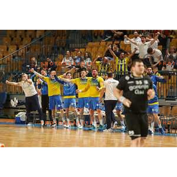 in action during 1.NLB league handball match between Celje Pivovarna Lasko and Gorenje Velenje in Arena Zlatorog, Celje, Slovenia on May 7, 2022