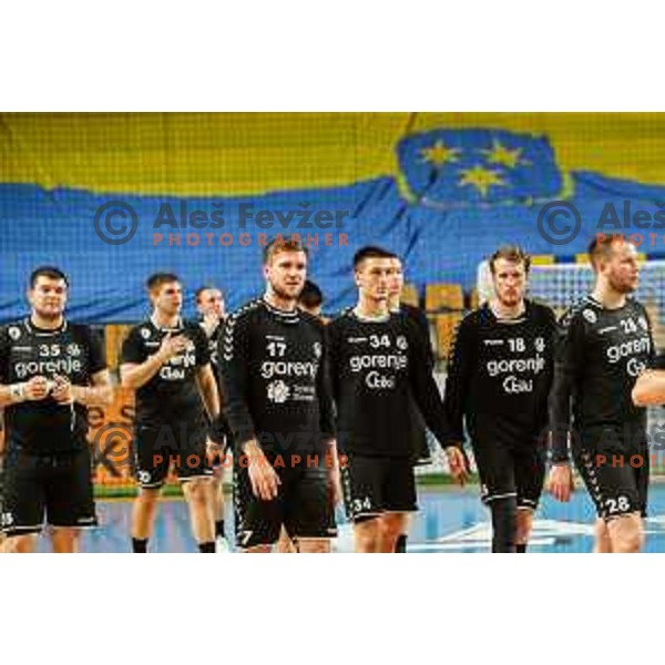 in action during 1.NLB league handball match between Celje Pivovarna Lasko and Gorenje Velenje in Arena Zlatorog, Celje, Slovenia on May 7, 2022