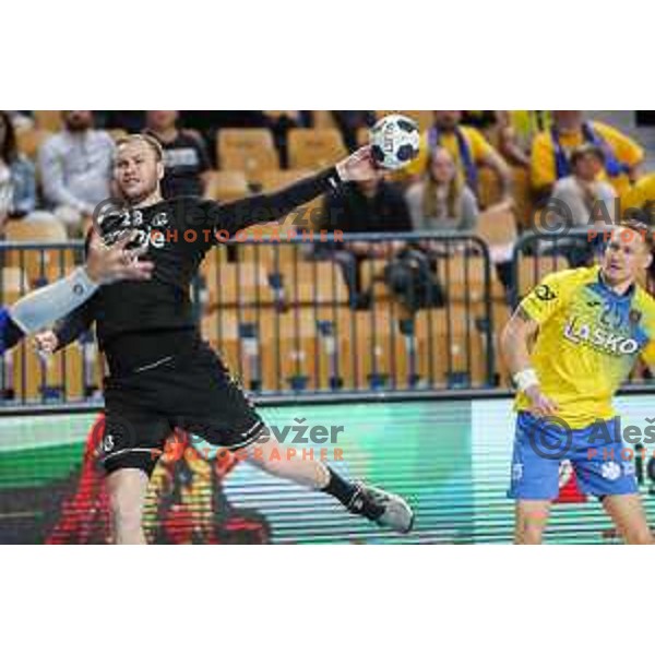 Timotej Grmsek in action during 1.NLB league handball match between Celje Pivovarna Lasko and Gorenje Velenje in Arena Zlatorog, Celje, Slovenia on May 7, 2022
