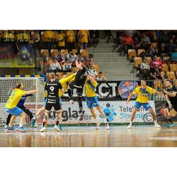 in action during 1.NLB league handball match between Celje Pivovarna Lasko and Gorenje Velenje in Arena Zlatorog, Celje, Slovenia on May 7, 2022