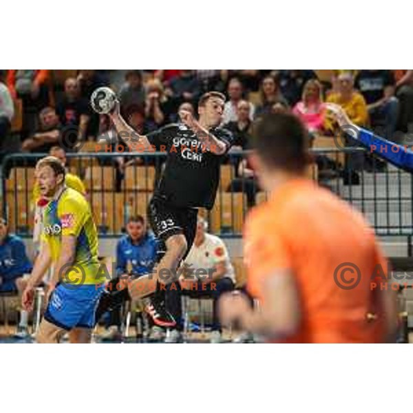 Enej Jovicic Slatinek in action during 1.NLB league handball match between Celje Pivovarna Lasko and Gorenje Velenje in Arena Zlatorog, Celje, Slovenia on May 7, 2022