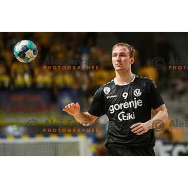 Domen Tajnik in action during 1.NLB league handball match between Celje Pivovarna Lasko and Gorenje Velenje in Arena Zlatorog, Celje, Slovenia on May 7, 2022