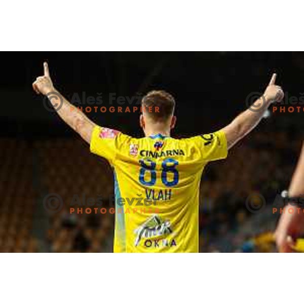 Aleks Vlah in action during 1.NLB league handball match between Celje Pivovarna Lasko and Gorenje Velenje in Arena Zlatorog, Celje, Slovenia on May 7, 2022