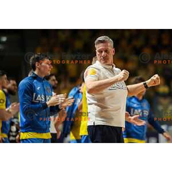 in action during 1.NLB league handball match between Celje Pivovarna Lasko and Gorenje Velenje in Arena Zlatorog, Celje, Slovenia on May 7, 2022