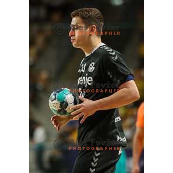 Enej Jovicic Slatinek in action during 1.NLB league handball match between Celje Pivovarna Lasko and Gorenje Velenje in Arena Zlatorog, Celje, Slovenia on May 7, 2022