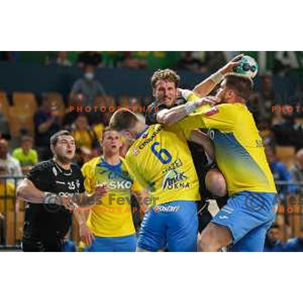 David Miklavcic in action during 1.NLB league handball match between Celje Pivovarna Lasko and Gorenje Velenje in Arena Zlatorog, Celje, Slovenia on May 7, 2022