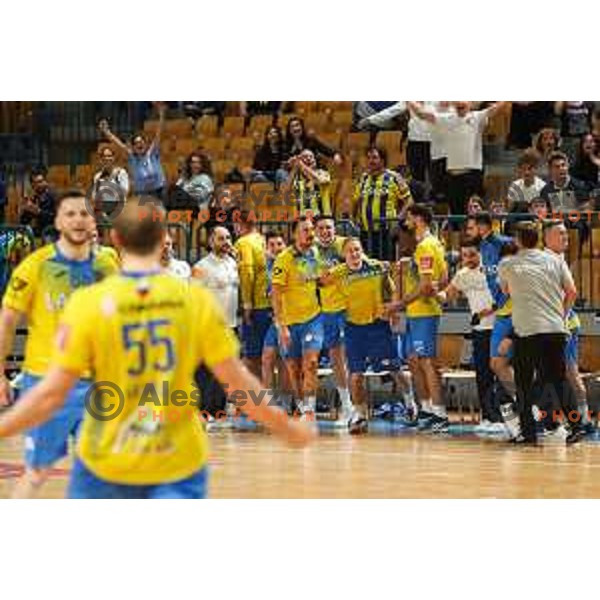 in action during 1.NLB league handball match between Celje Pivovarna Lasko and Gorenje Velenje in Arena Zlatorog, Celje, Slovenia on May 7, 2022