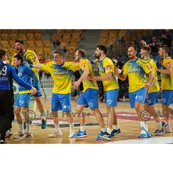 in action during 1.NLB league handball match between Celje Pivovarna Lasko and Gorenje Velenje in Arena Zlatorog, Celje, Slovenia on May 7, 2022