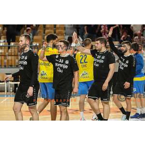 in action during 1.NLB league handball match between Celje Pivovarna Lasko and Gorenje Velenje in Arena Zlatorog, Celje, Slovenia on May 7, 2022