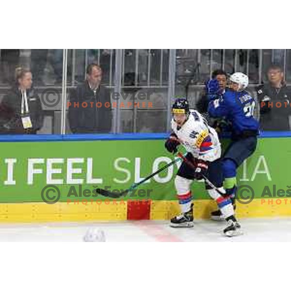 in action during IIHF Ice-hockey World Championship 2022 division I group A match between Slovenia and South Korea in Ljubljana, Slovenia on May 8, 2022